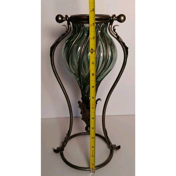 Amphora Vase Hand Blown Caged Green Glass Metal Leaves Stand 14.5" - Picture 11 of 16